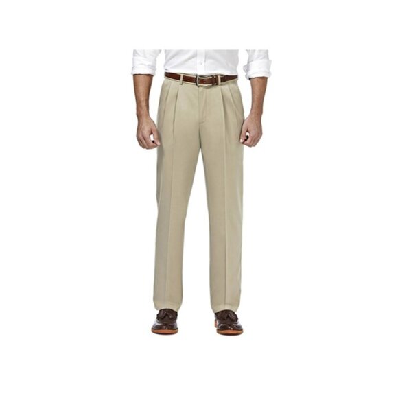 Haggar Men's Premium No-Iron Stretch Classic-Fit Pleated Pants, 38W X 30L, Khaki - Picture 1 of 3